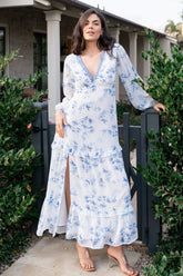 Rumi Deep V Maxi Dress | Off White + Blue Floral