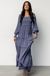 Amanda Smocked Dotted Maxi Dress | Dusk Blue