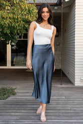 Celeste Satin Midi Skirt | Steel Blue - Baltic Born