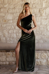 Tatiana Velvet One Shoulder Maxi Dress | Olive - Baltic Born