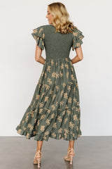 Estelle Smocked Midi Dress | Green + Tan Print
