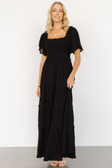 Lenora Smocked Dotted Maxi Dress | Black