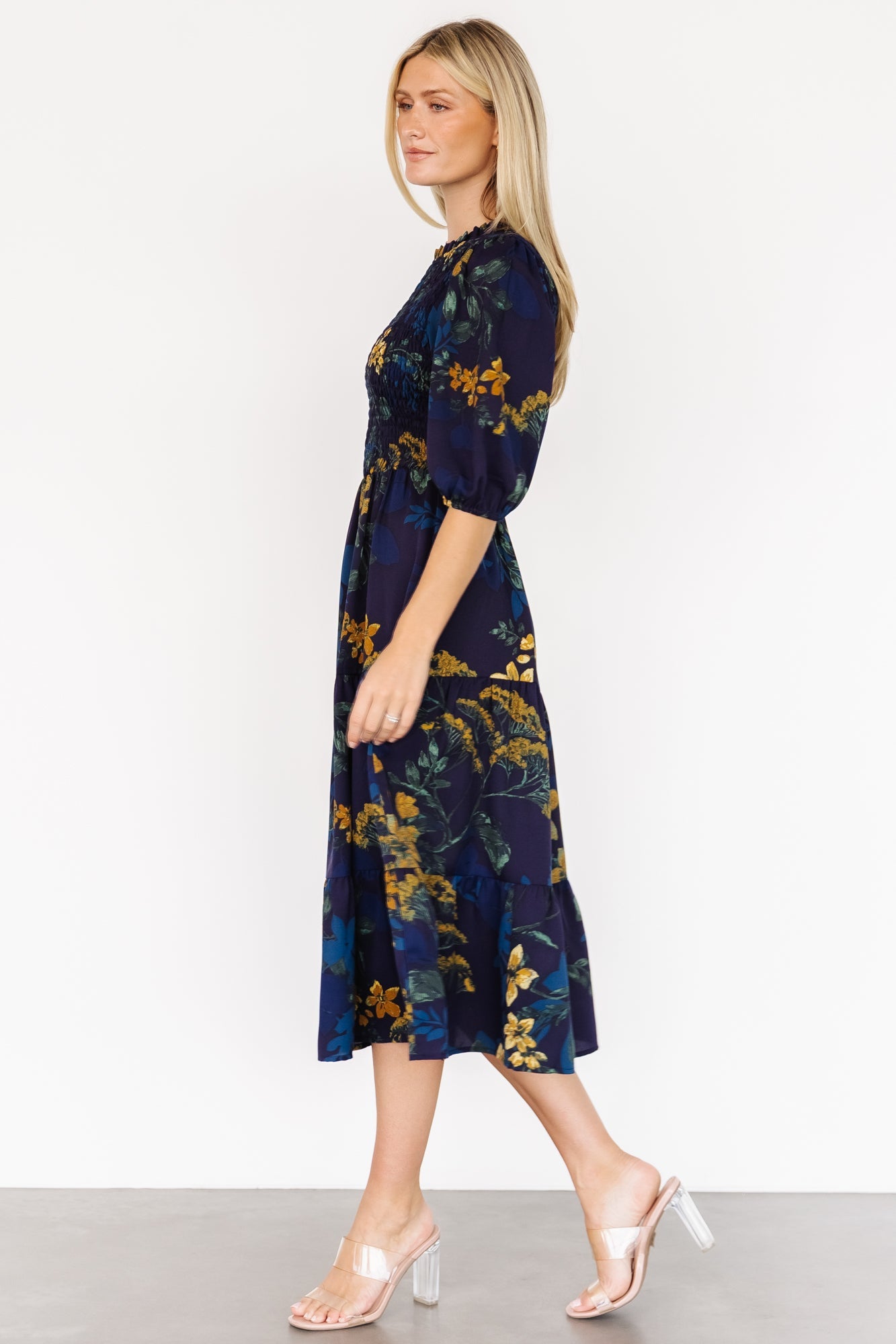 Lena Tiered Midi Dress | Navy + Gold Floral