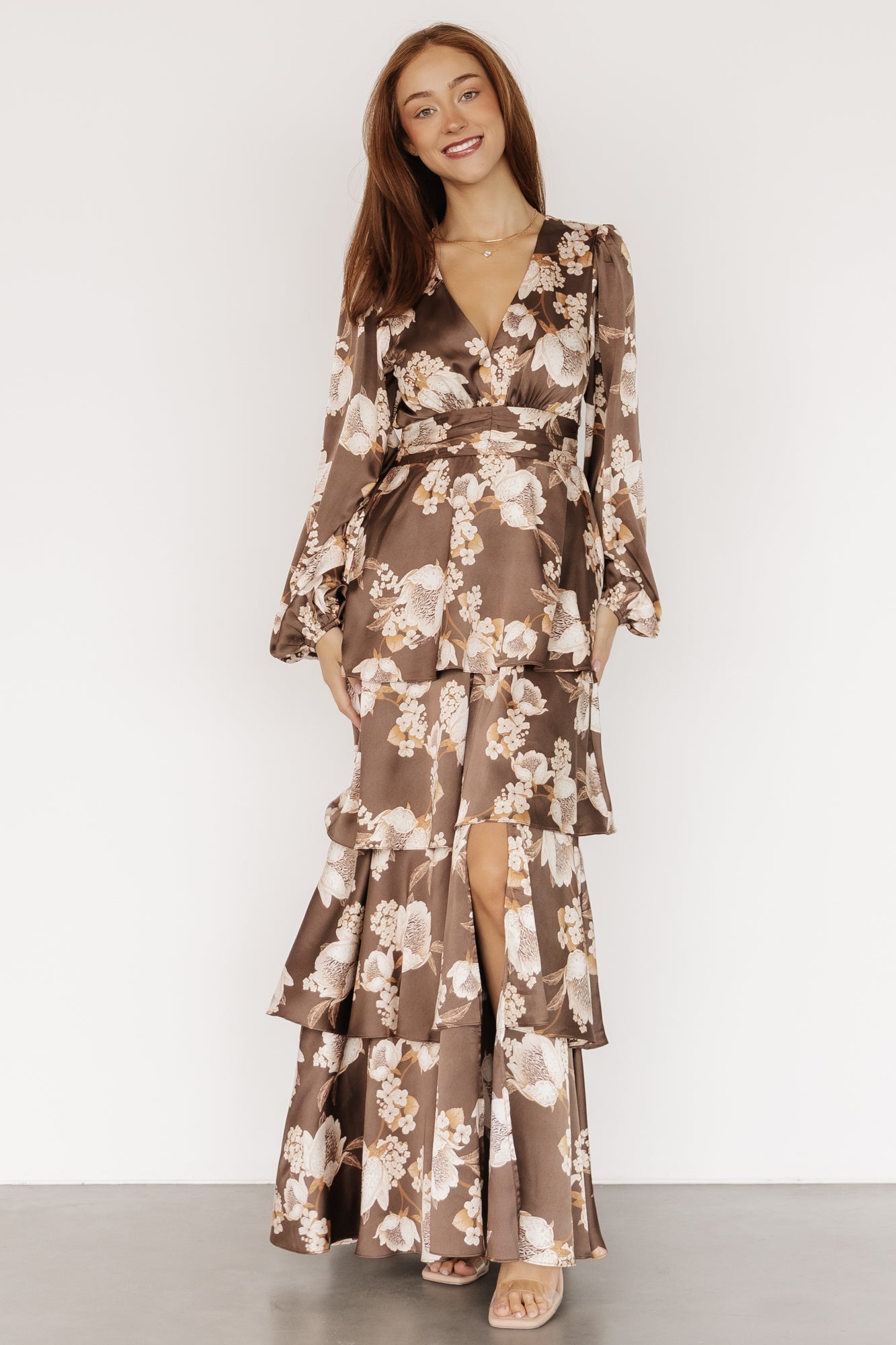 Montrouge Tiered Satin Dress | Mocha Floral