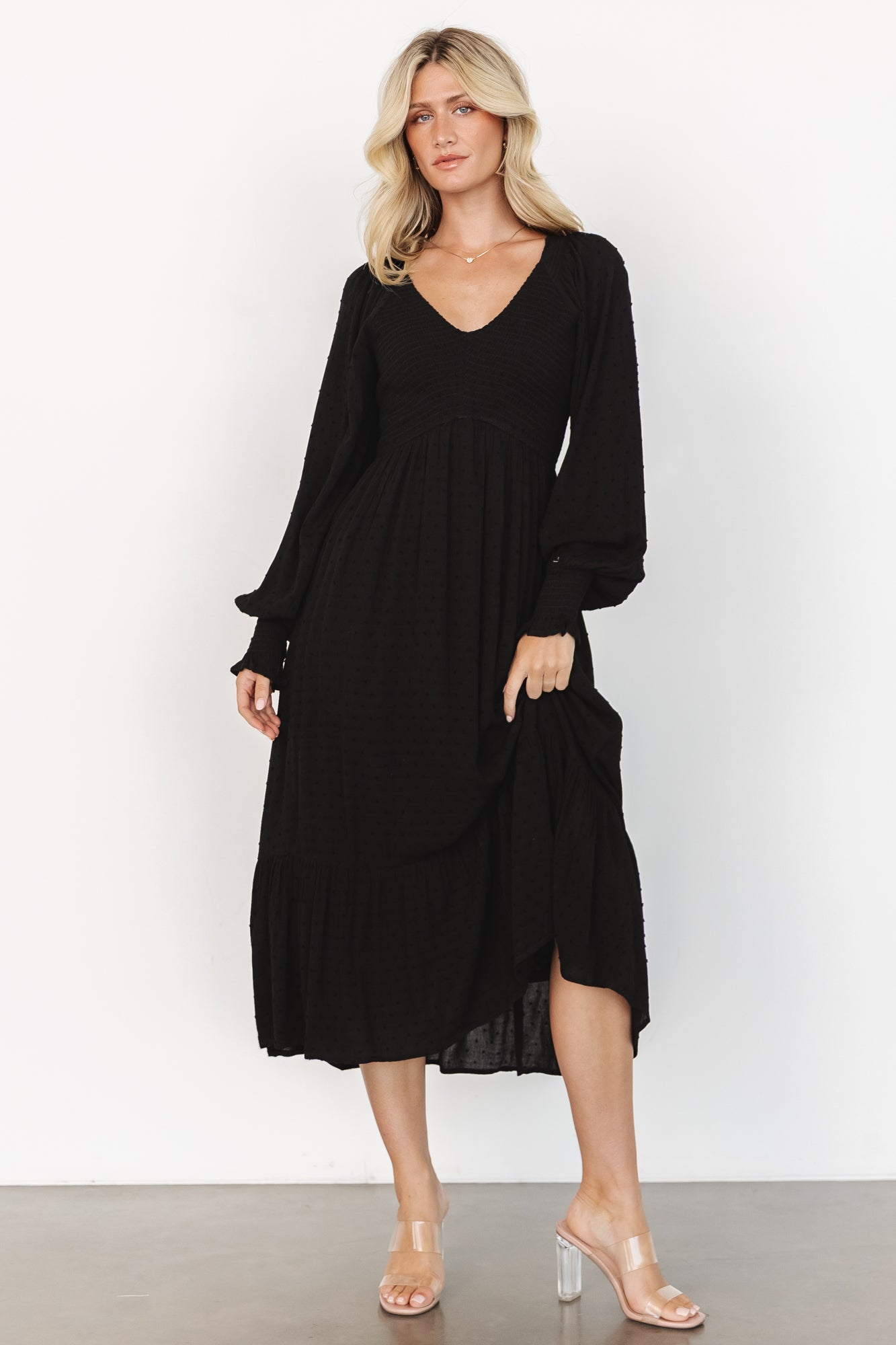 Lainey Smocked Dotted Midi Dress | Black