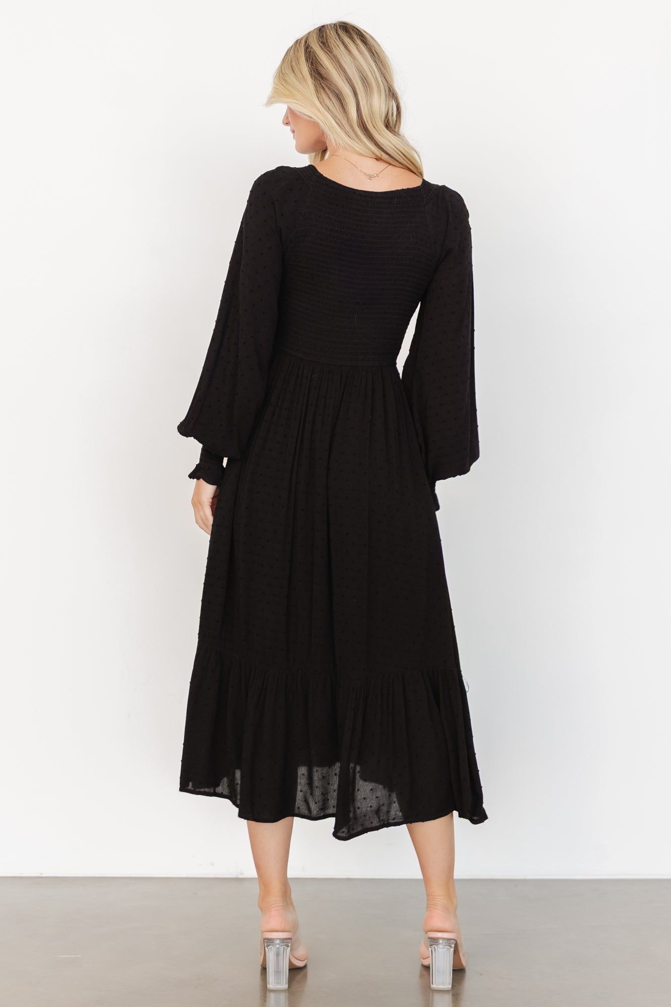 Lainey Smocked Dotted Midi Dress | Black