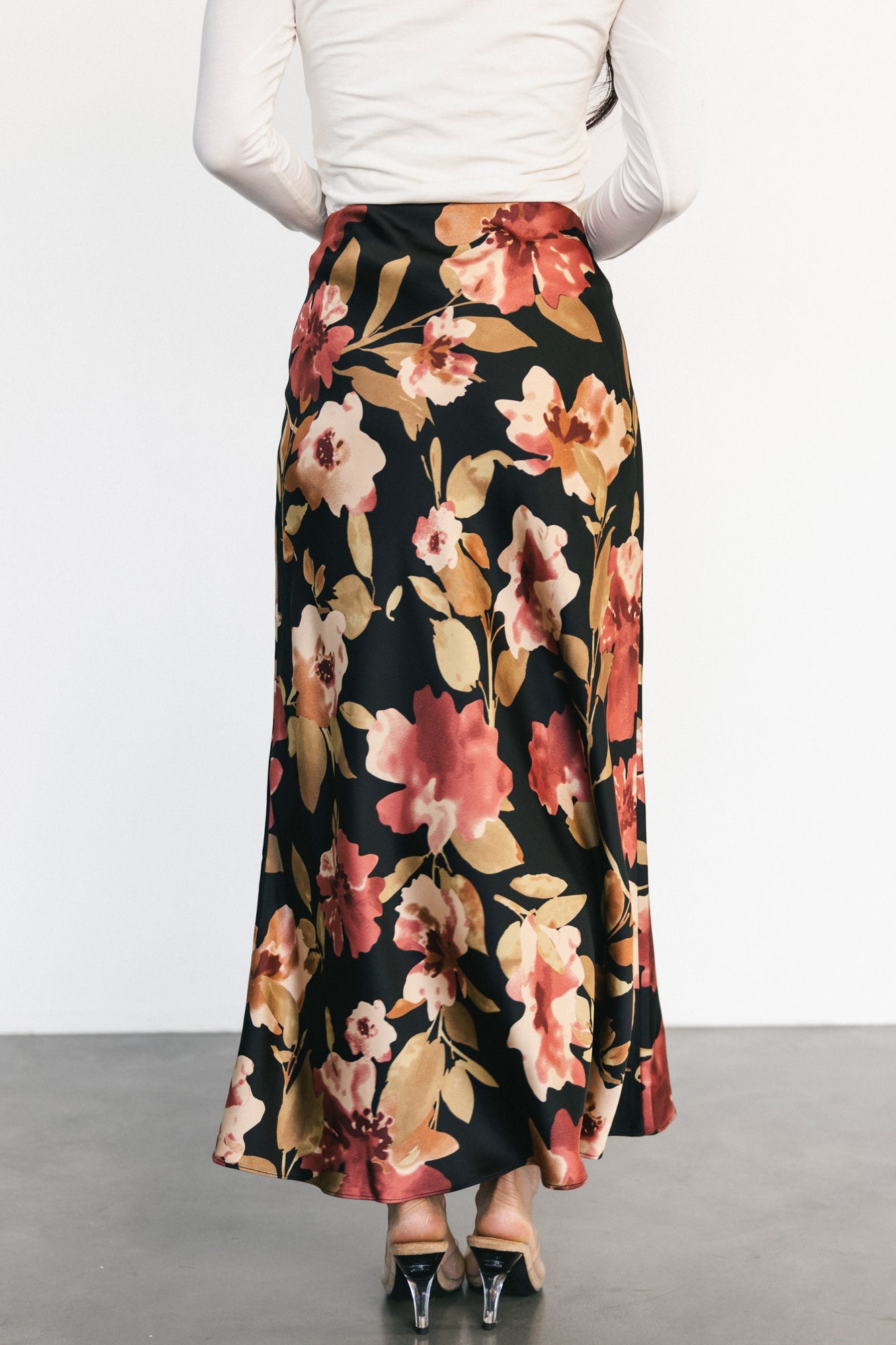 Cosette Satin Midi Skirt | Black Floral