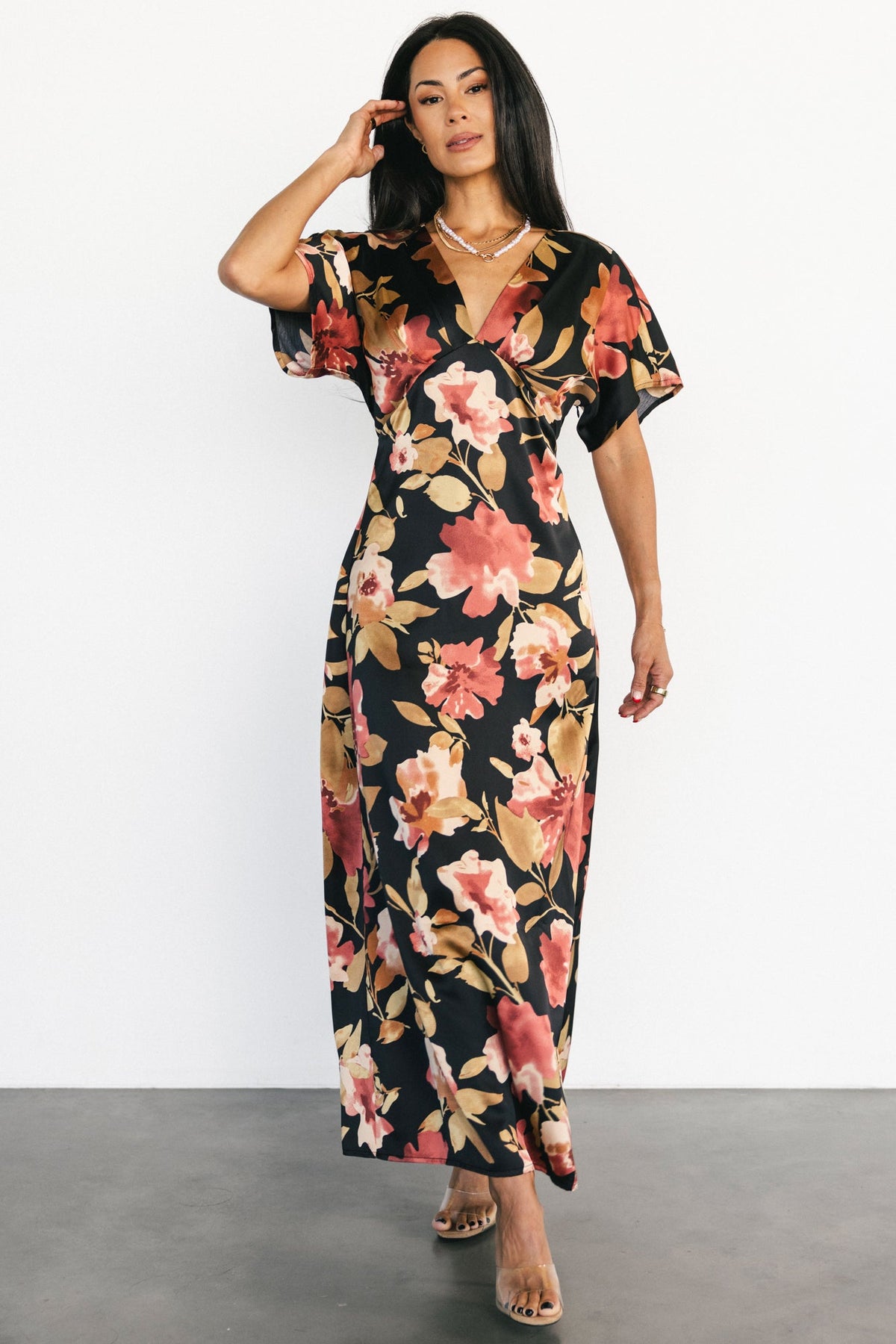 Milana Satin Maxi Dress | Black Floral
