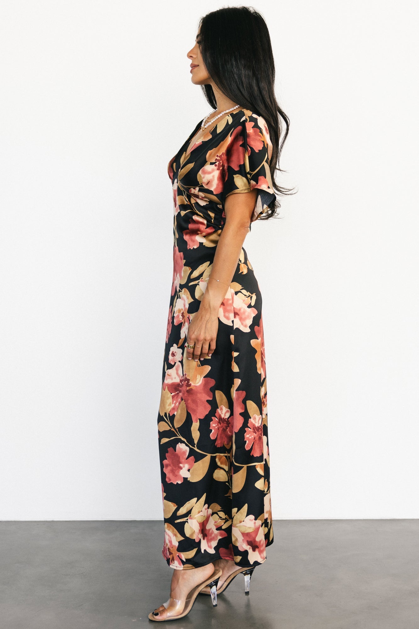 Milana Satin Maxi Dress | Black Floral