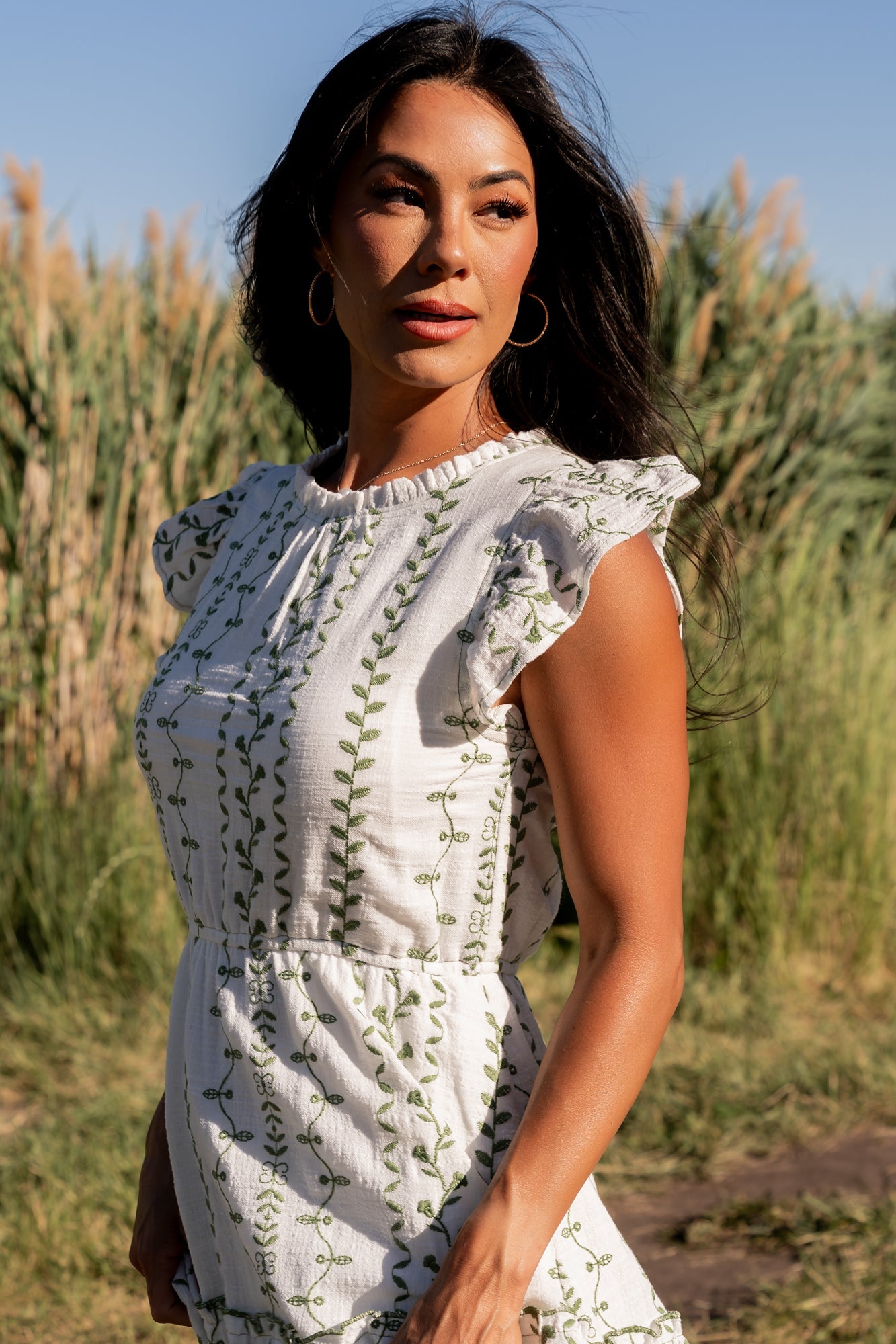 Frida Embroidered Midi Dress | White + Green Print