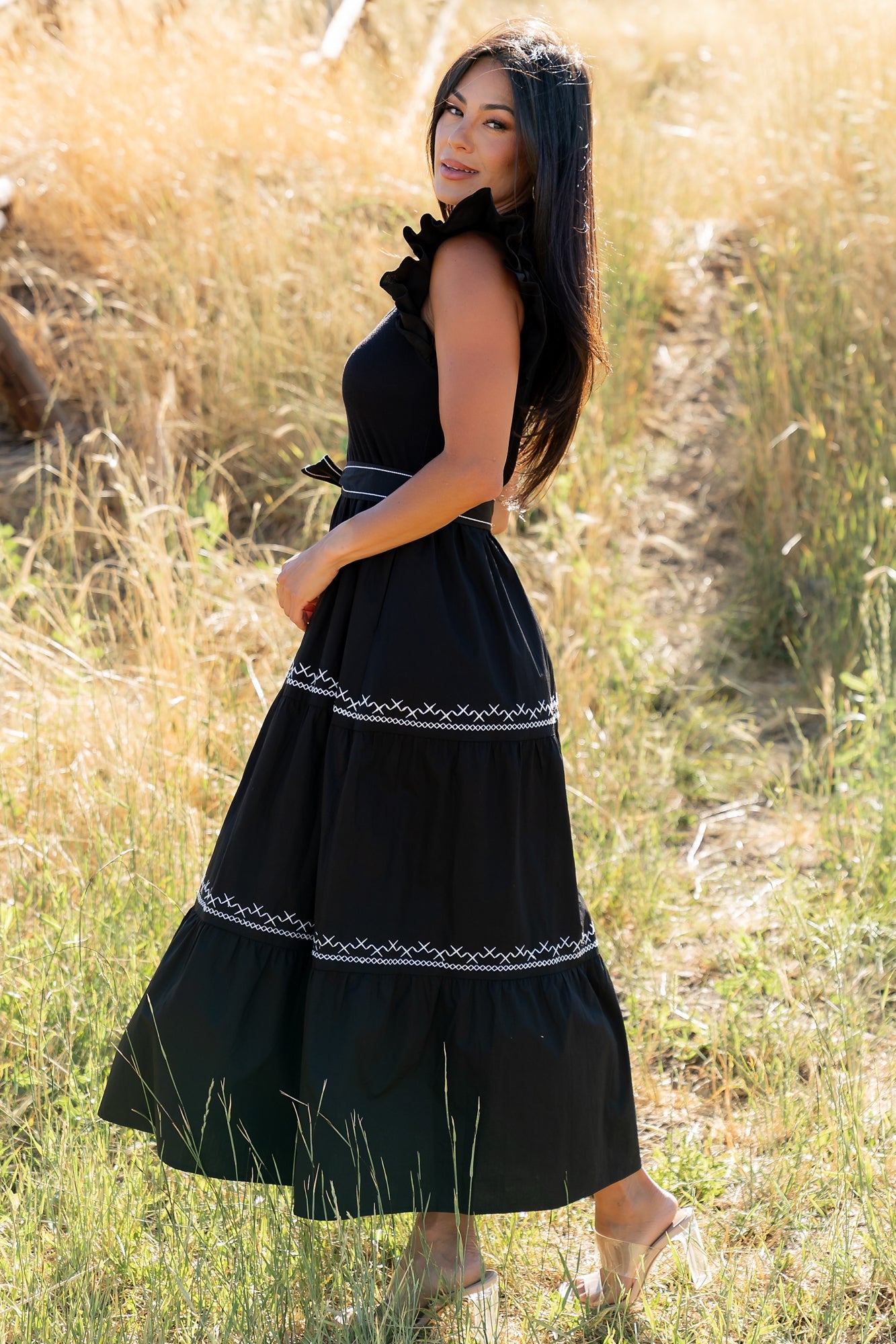 Elisa Embroidered Midi Dress | Black