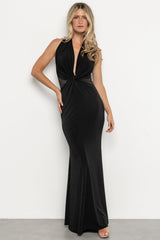 Roma Deep V Halter Gown | Black