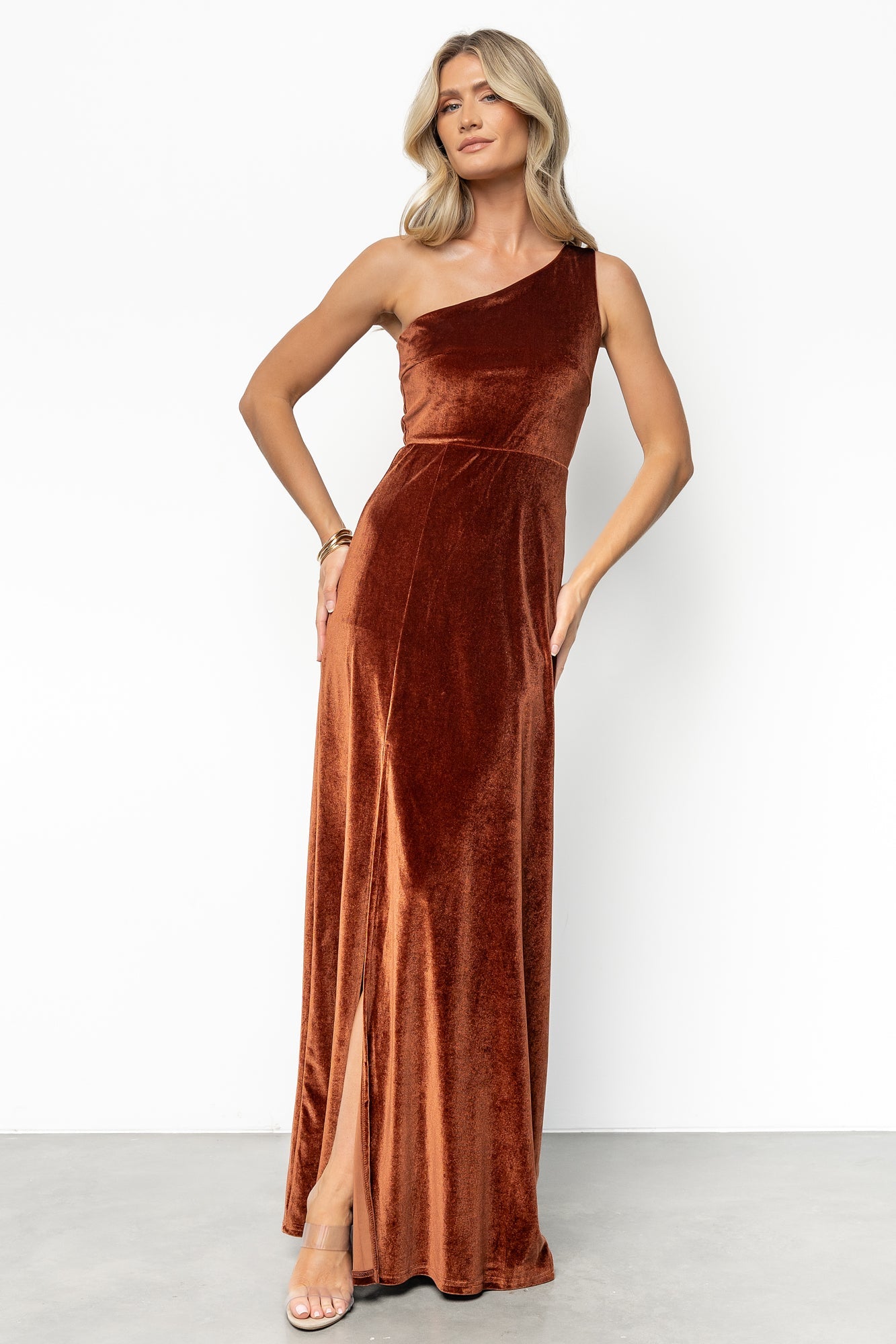 Tatiana Velvet One Shoulder Maxi Dress | Bronze