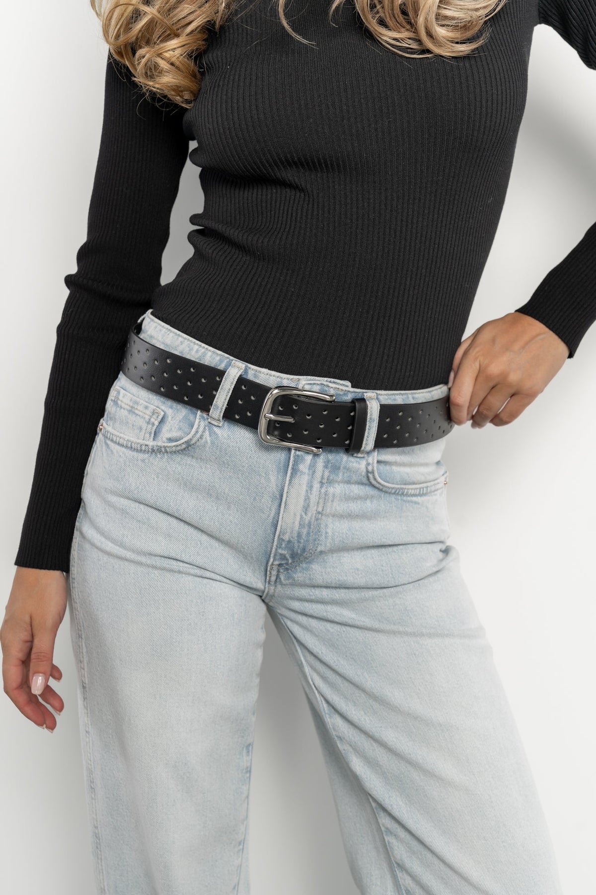 Jillian Hole Punched Faux Leather Belt | Black