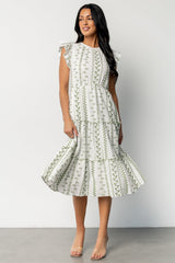 Frida Embroidered Midi Dress | White + Green Print