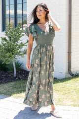 Estelle Smocked Midi Dress | Green + Tan Print