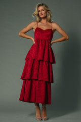 Violetta Embossed Tiered Dress | Deep Red