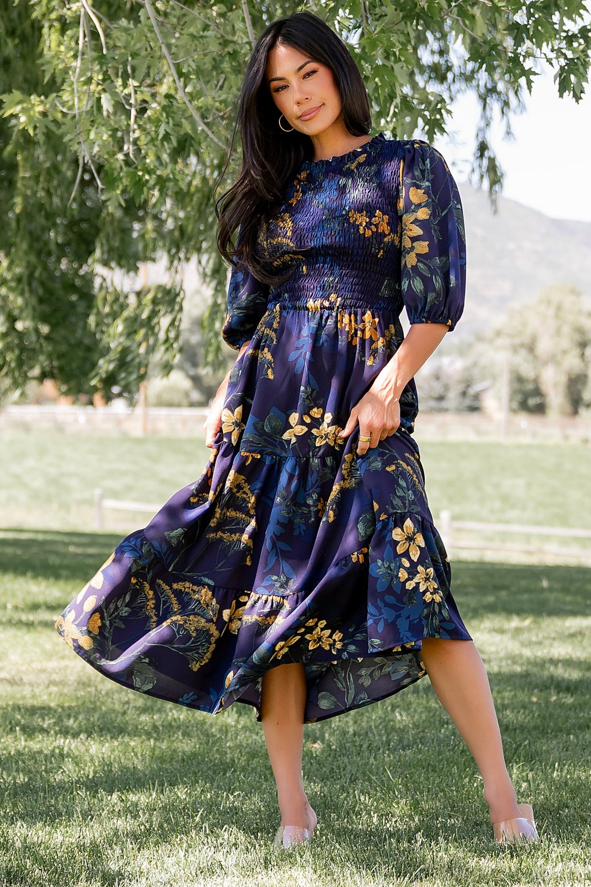 Lena Tiered Midi Dress | Navy + Gold Floral