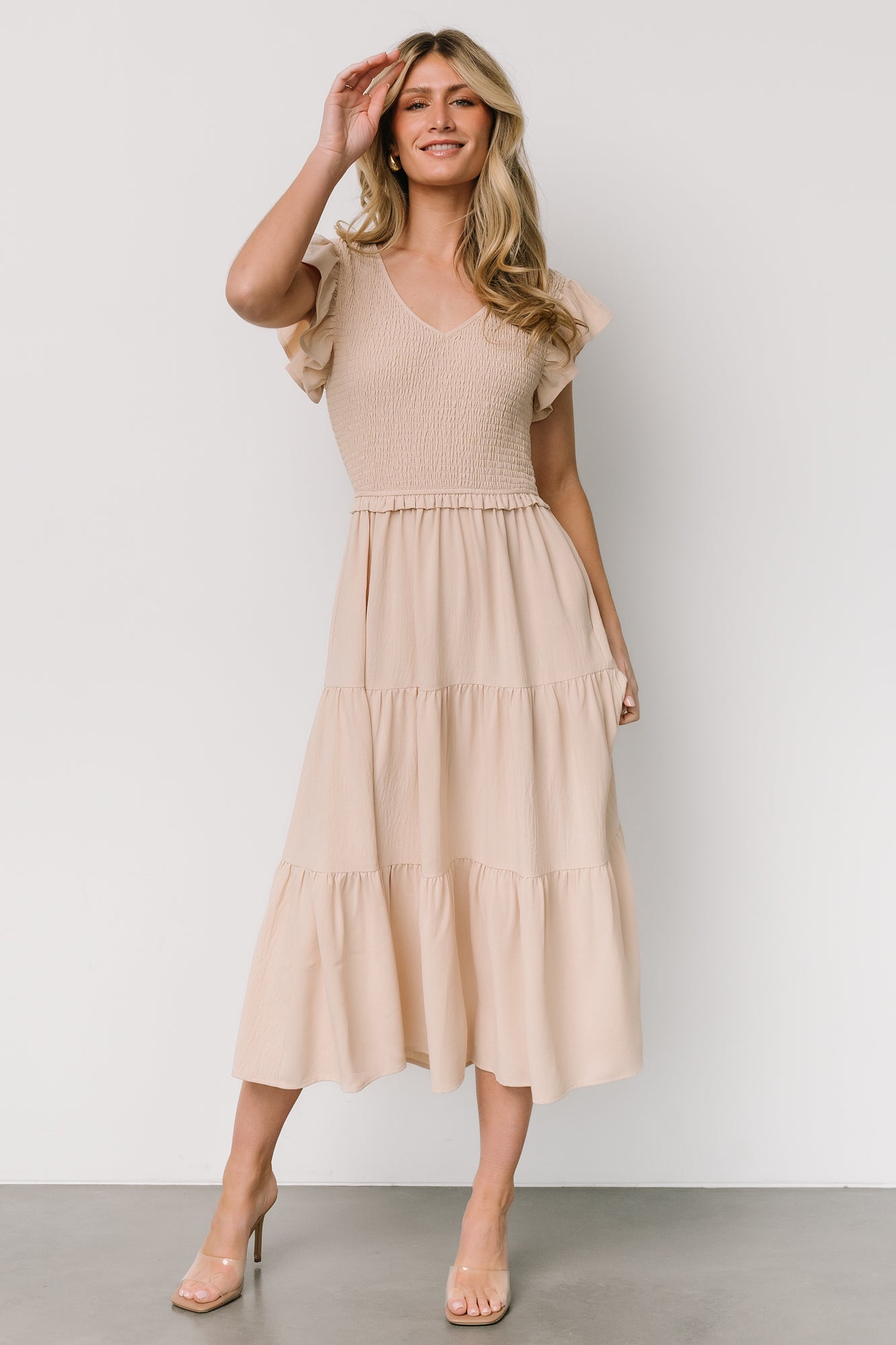 Afton Smocked Tiered Dress | Sand - Baltic Born