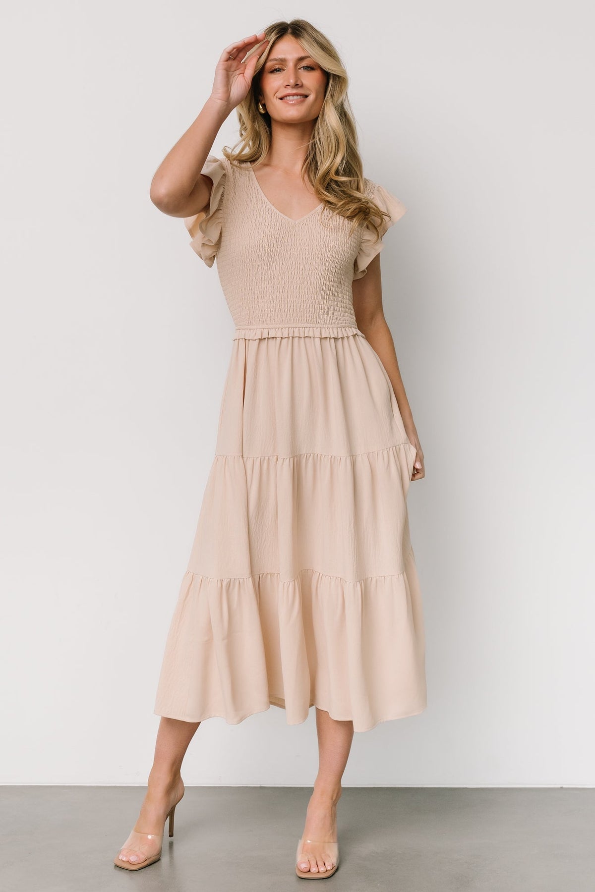 Afton Smocked Tiered Dress | Sand - Baltic Born