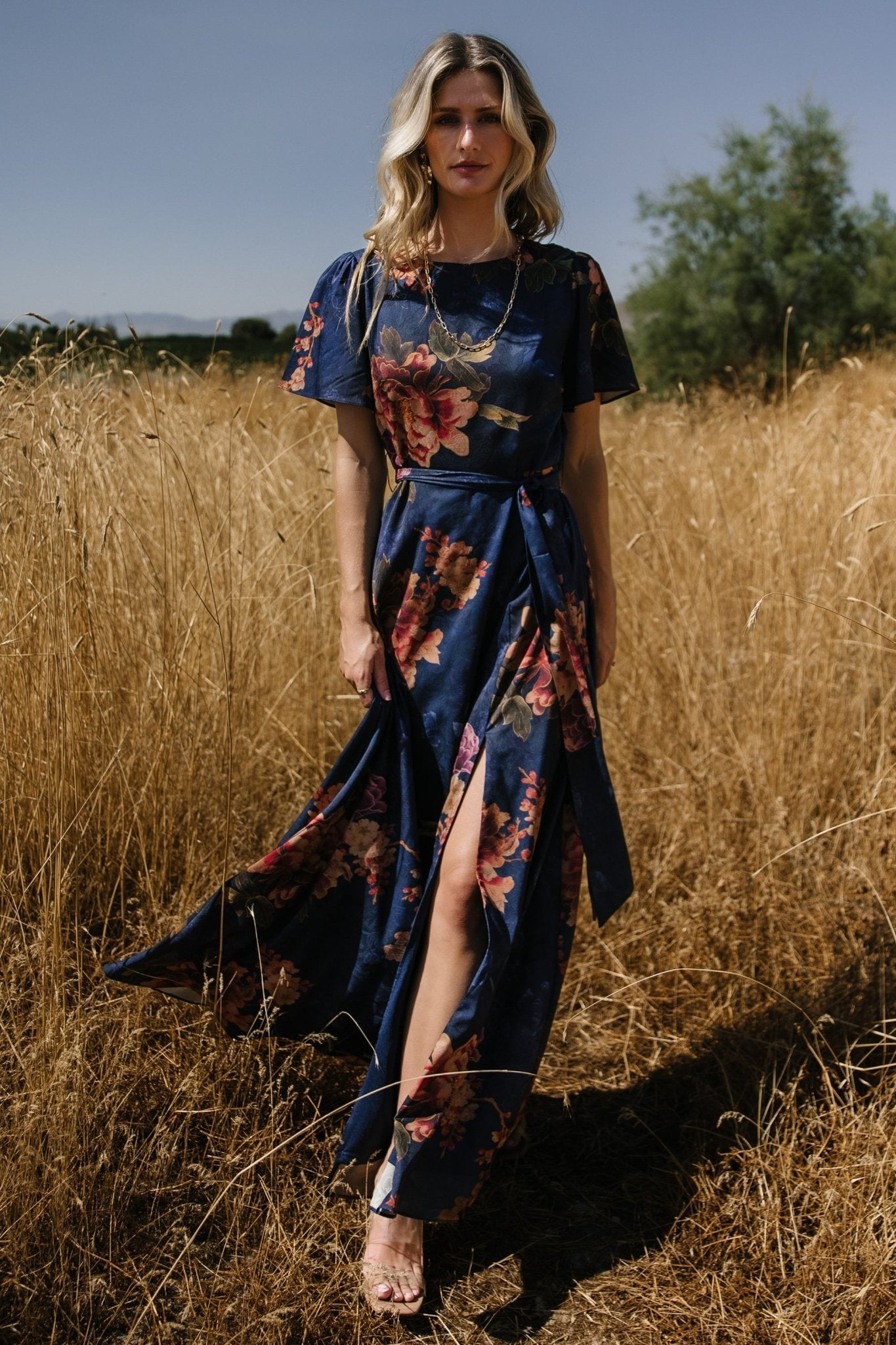 Agnes Satin Maxi Dress | Navy Floral - Baltic Born