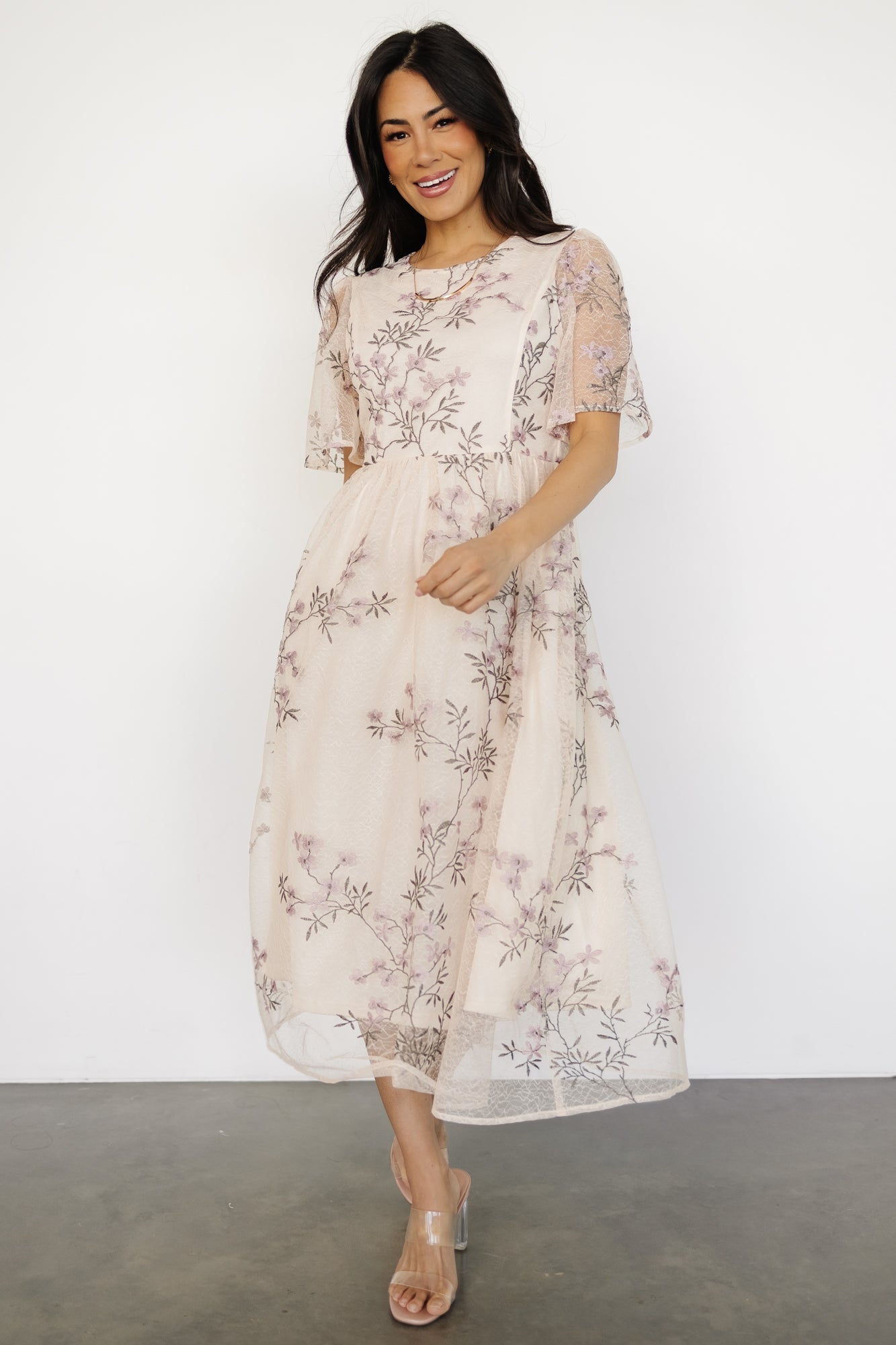 Ashlee Embroidered Midi Dress | Cream + Lavender Floral - Baltic Born
