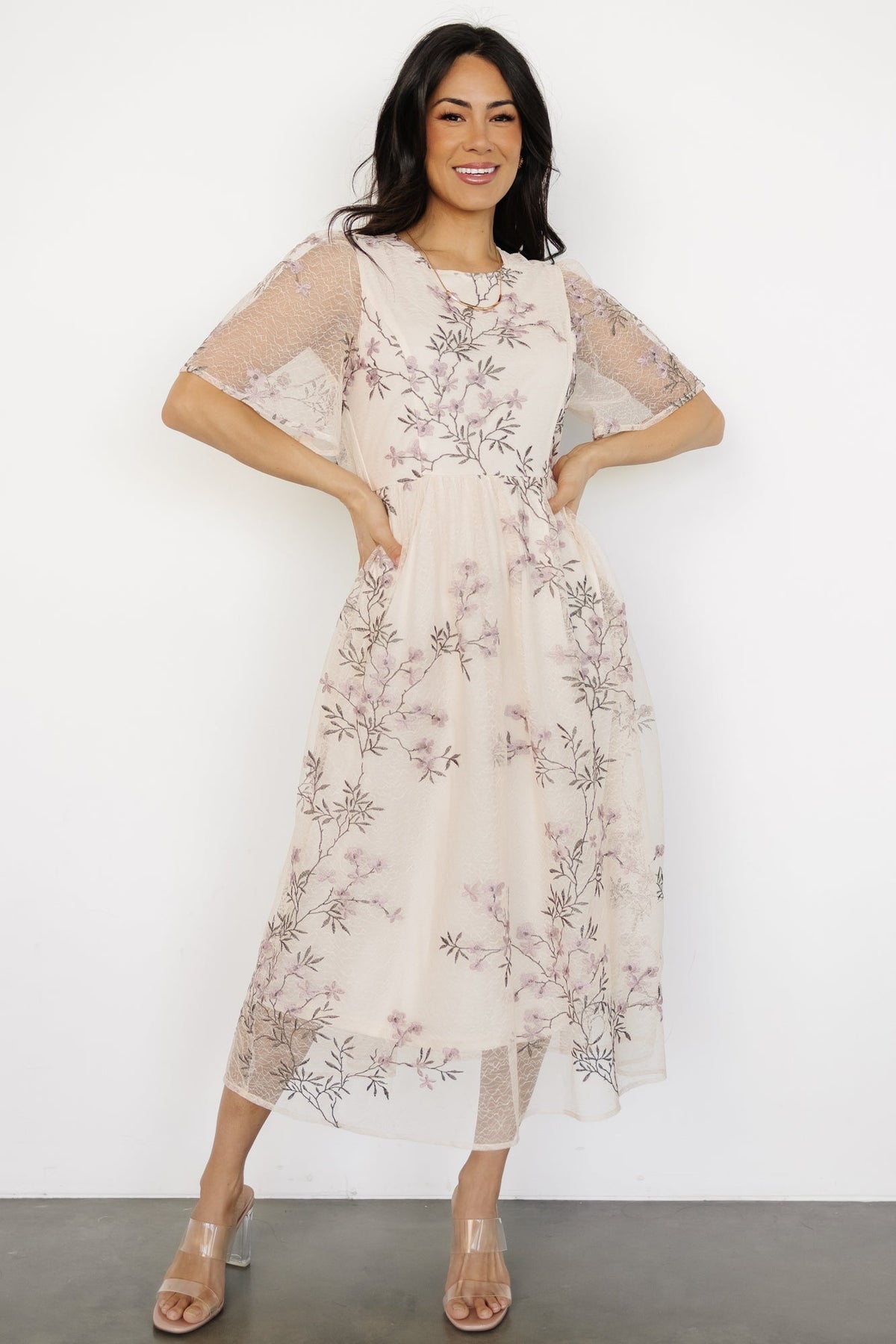 Ashlee Embroidered Midi Dress | Cream + Lavender Floral - Baltic Born