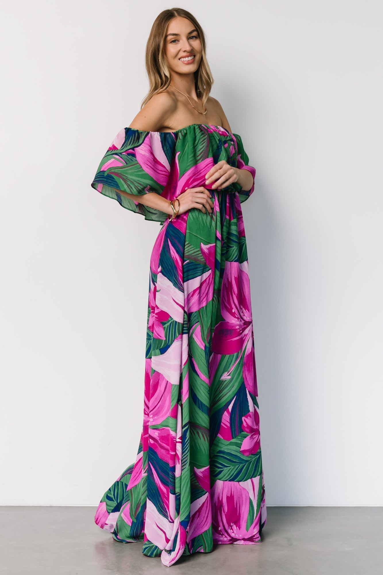 Azalea Off Shoulder Maxi Dress | Green + Fuchsia Floral - Baltic Born