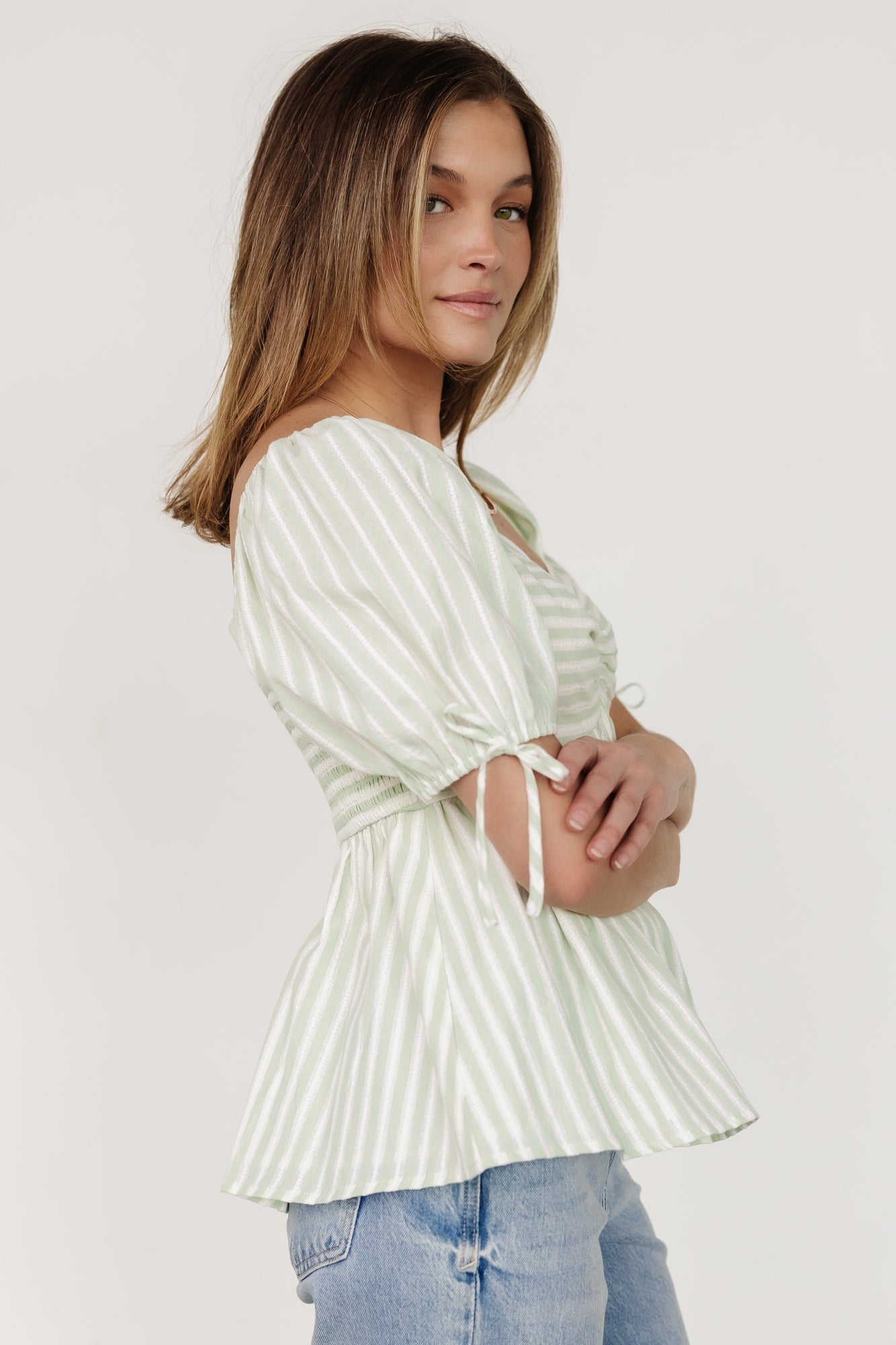 Betsy Peplum Top | Green+ White Stripe - Baltic Born