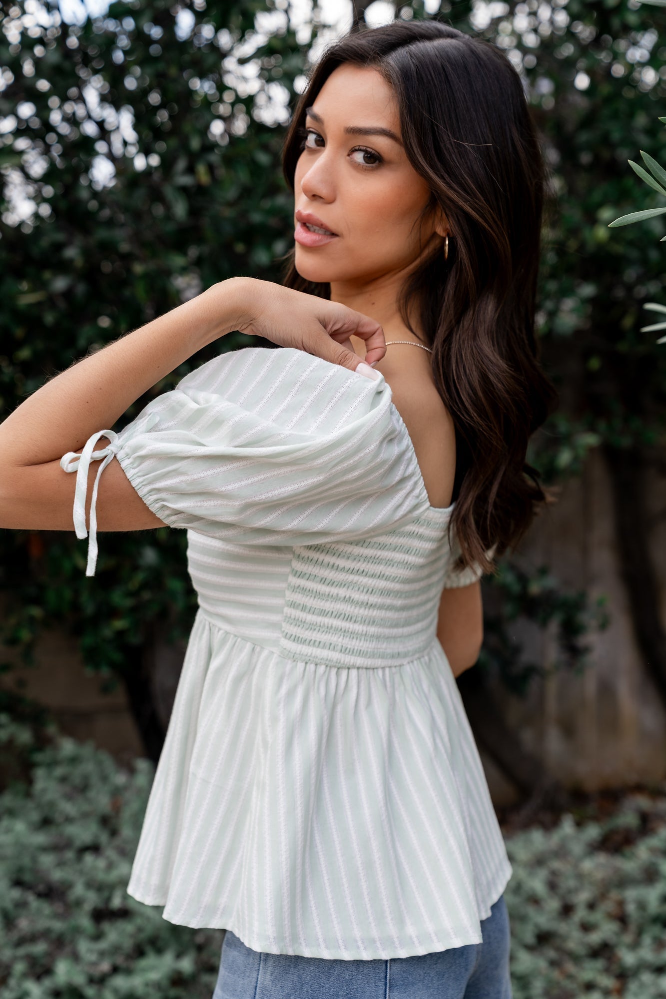 Betsy Peplum Top | Green+ White Stripe - Baltic Born