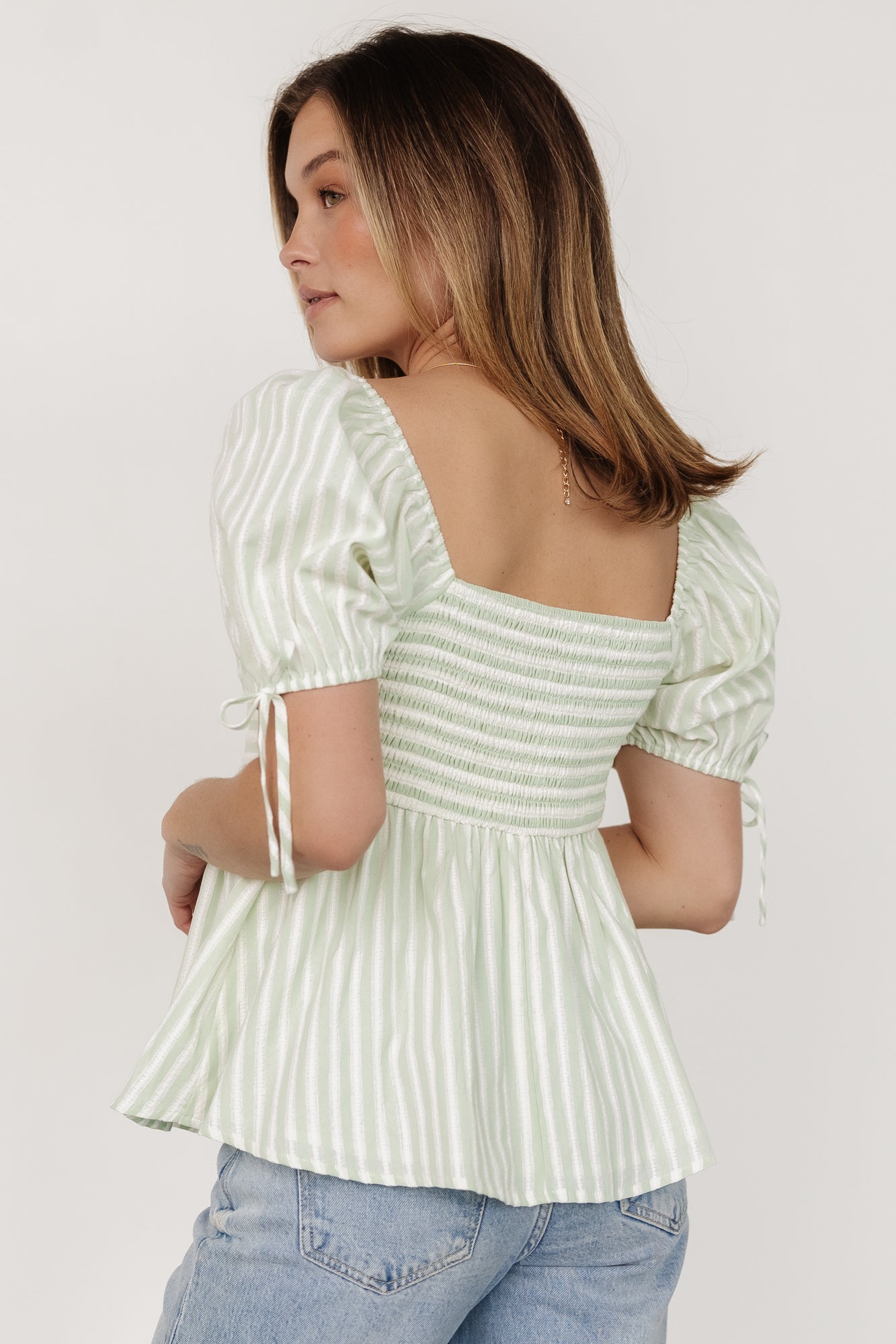 Betsy Peplum Top | Green+ White Stripe - Baltic Born