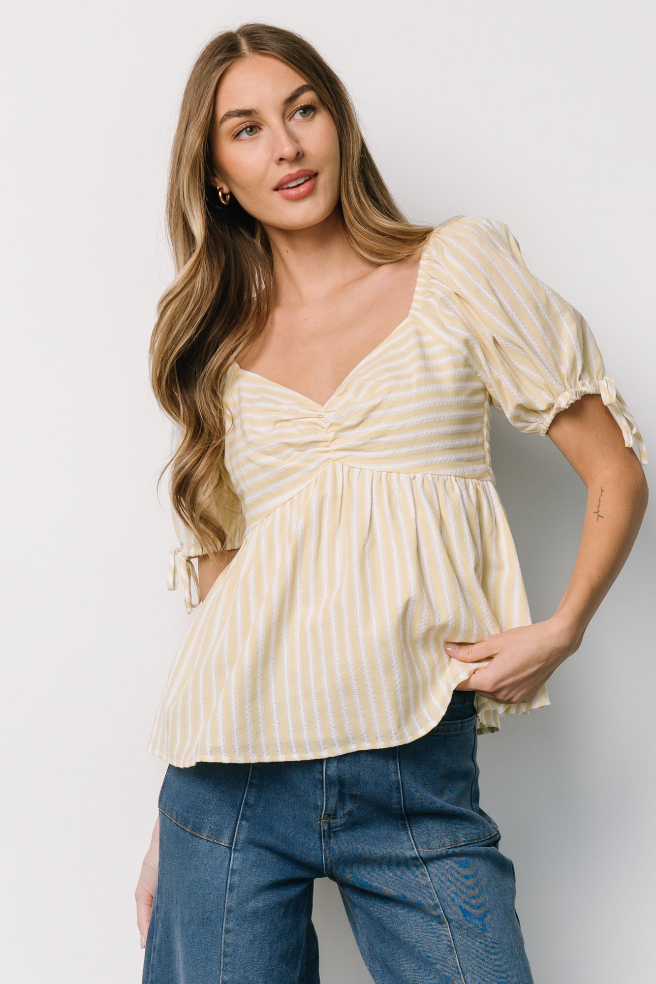 Betsy Peplum Top | Yellow + White Stripe - Baltic Born