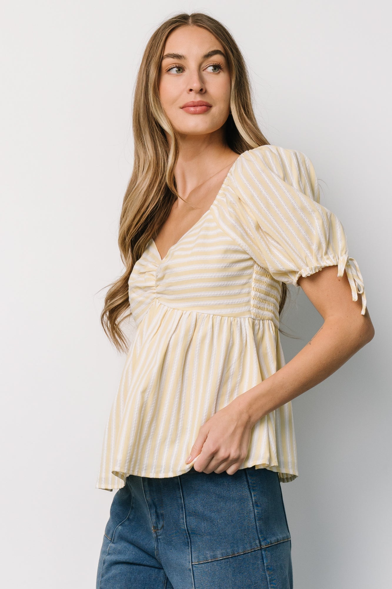 Betsy Peplum Top | Yellow + White Stripe - Baltic Born