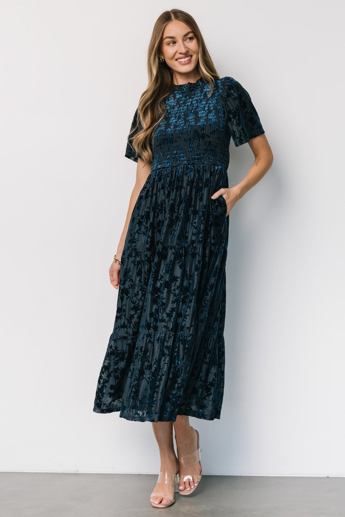 Callen Smocked Velvet Dress | Deep Blue - Baltic Born