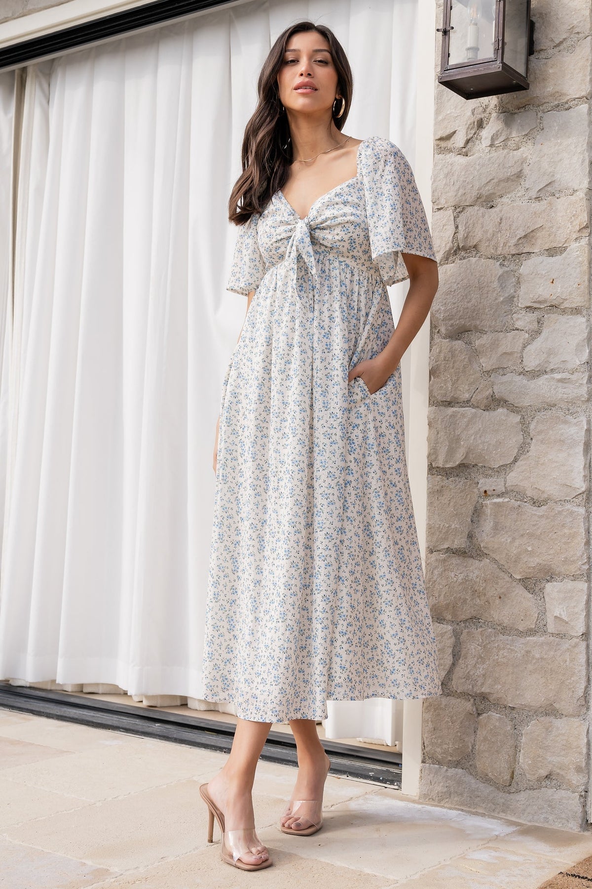 Carah Tie Dress | Off White + Blue Floral - Baltic Born