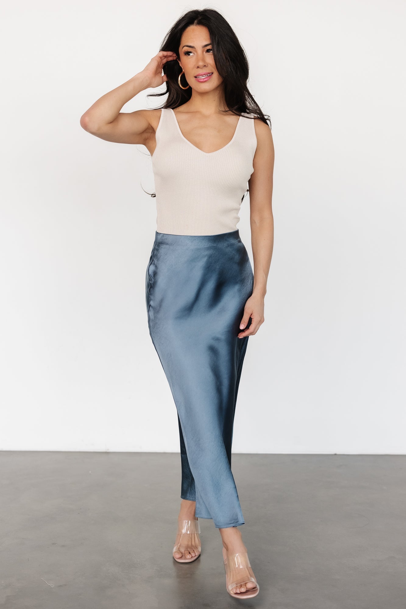 Celeste Satin Midi Skirt | Steel Blue - Baltic Born
