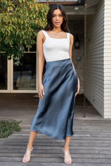 Celeste Satin Midi Skirt | Steel Blue - Baltic Born