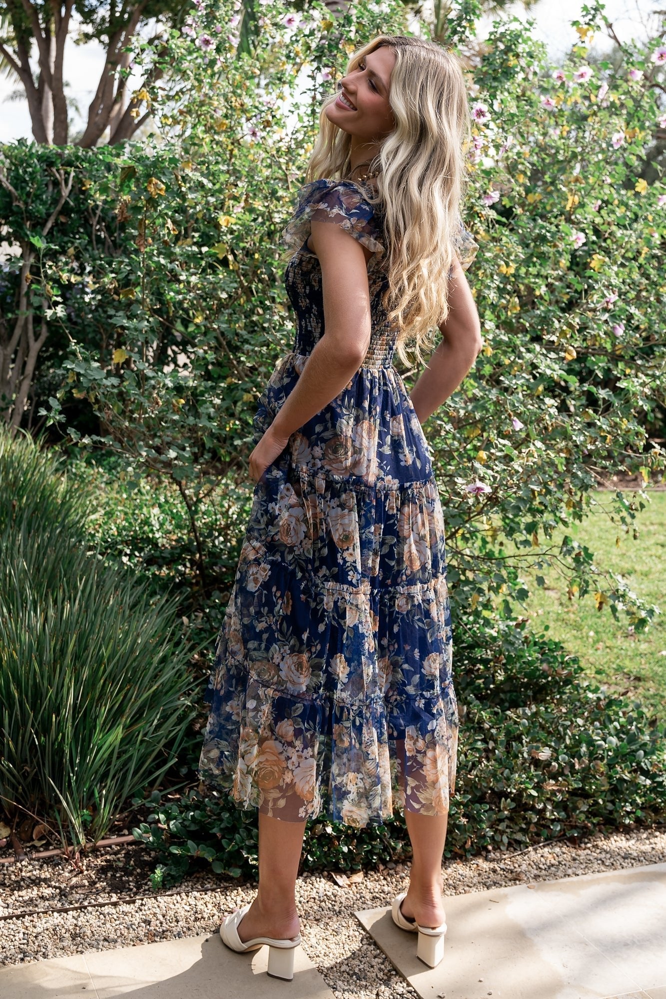 Clementine Tulle Midi Dress | Blue + Golden Floral - Baltic Born