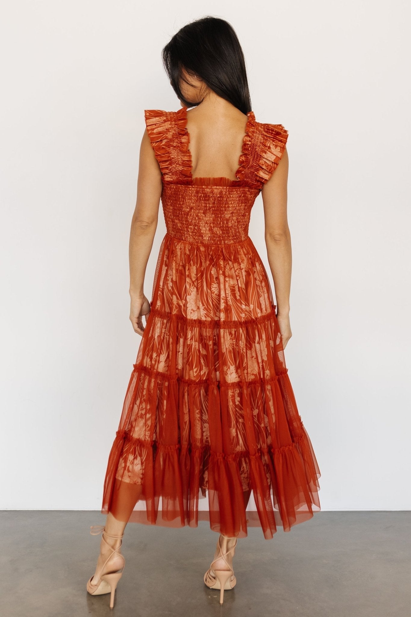 Cora Smocked Tulle Dress | Rust Floral - Baltic Born