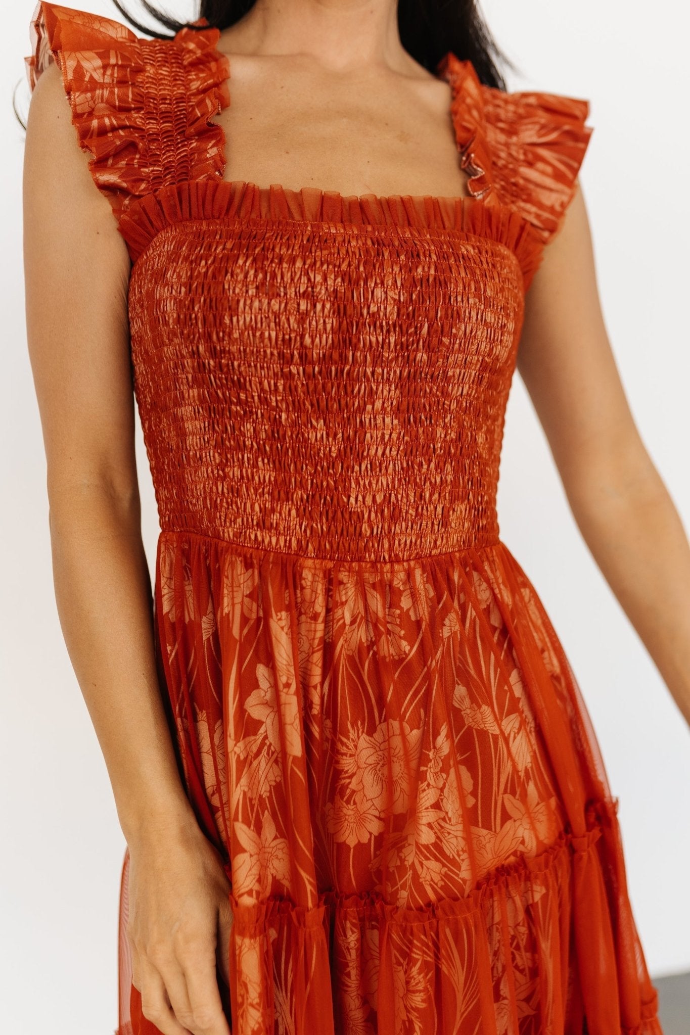 Cora Smocked Tulle Dress | Rust Floral - Baltic Born