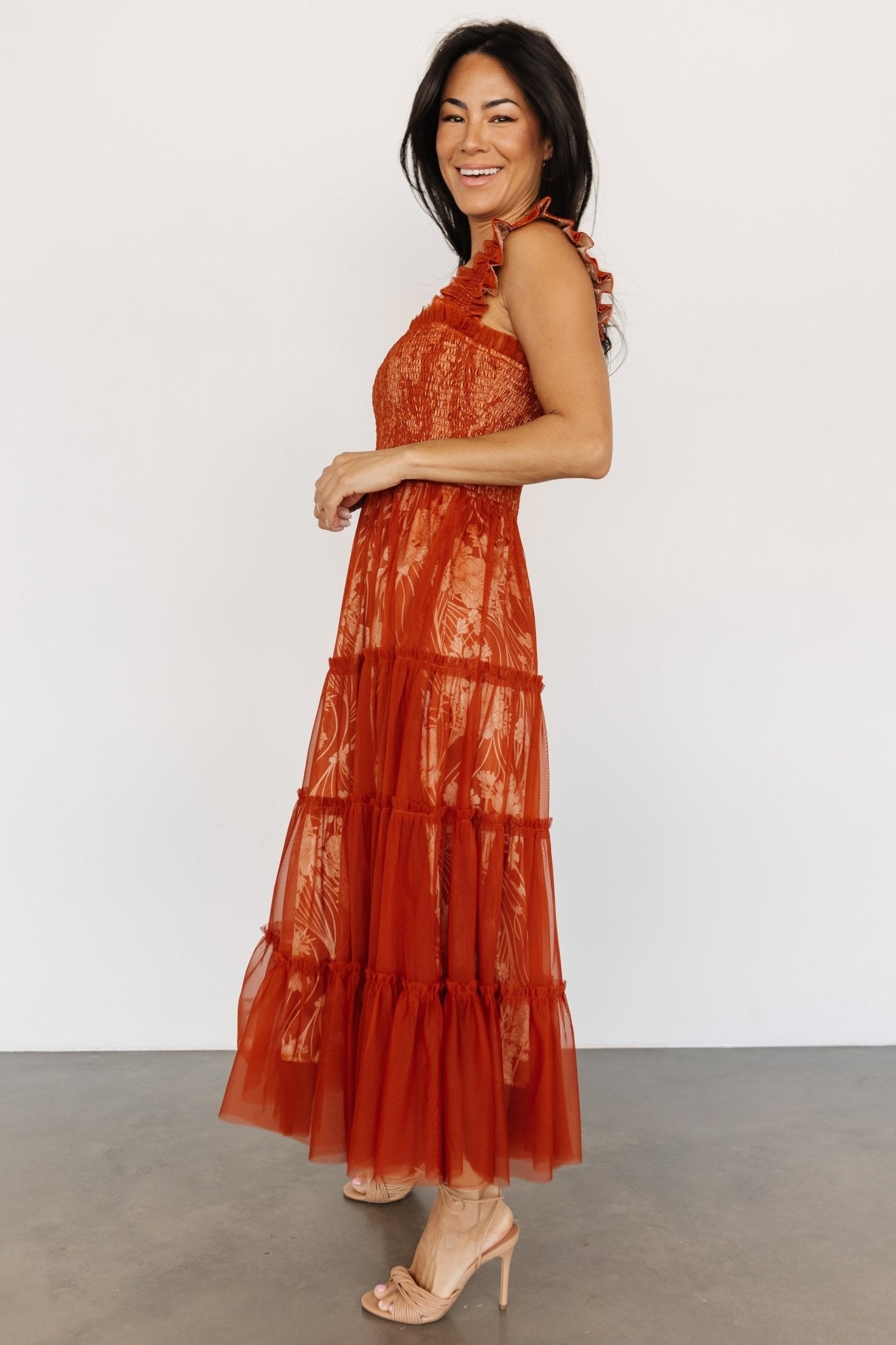 Cora Smocked Tulle Dress | Rust Floral - Baltic Born