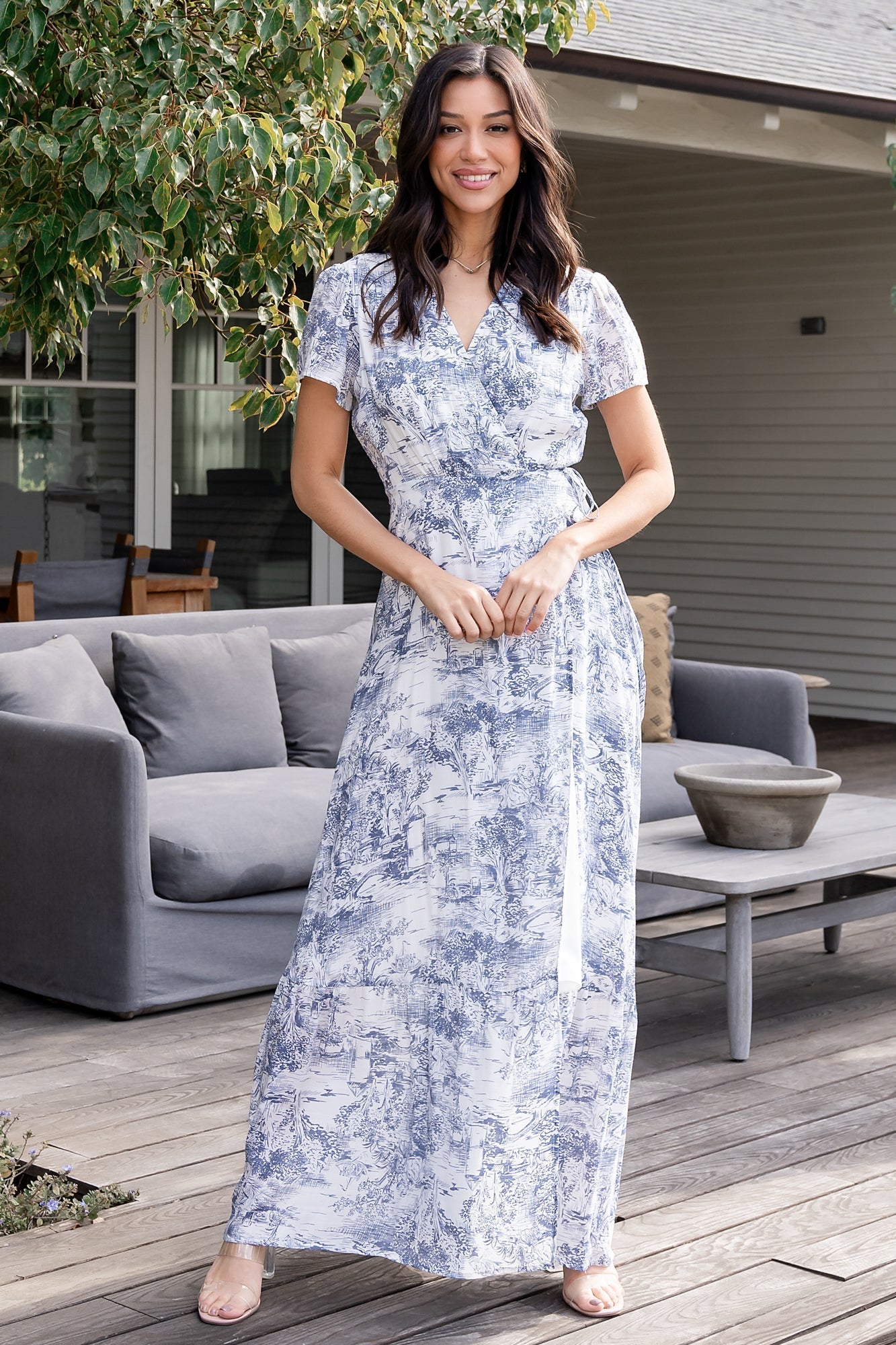 Dulce Wrap Maxi Dress | White + Blue Print - Baltic Born