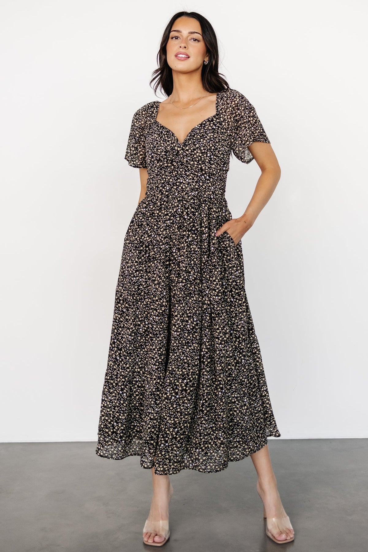 Emiliana Dress | Black + Gold Floral - Baltic Born