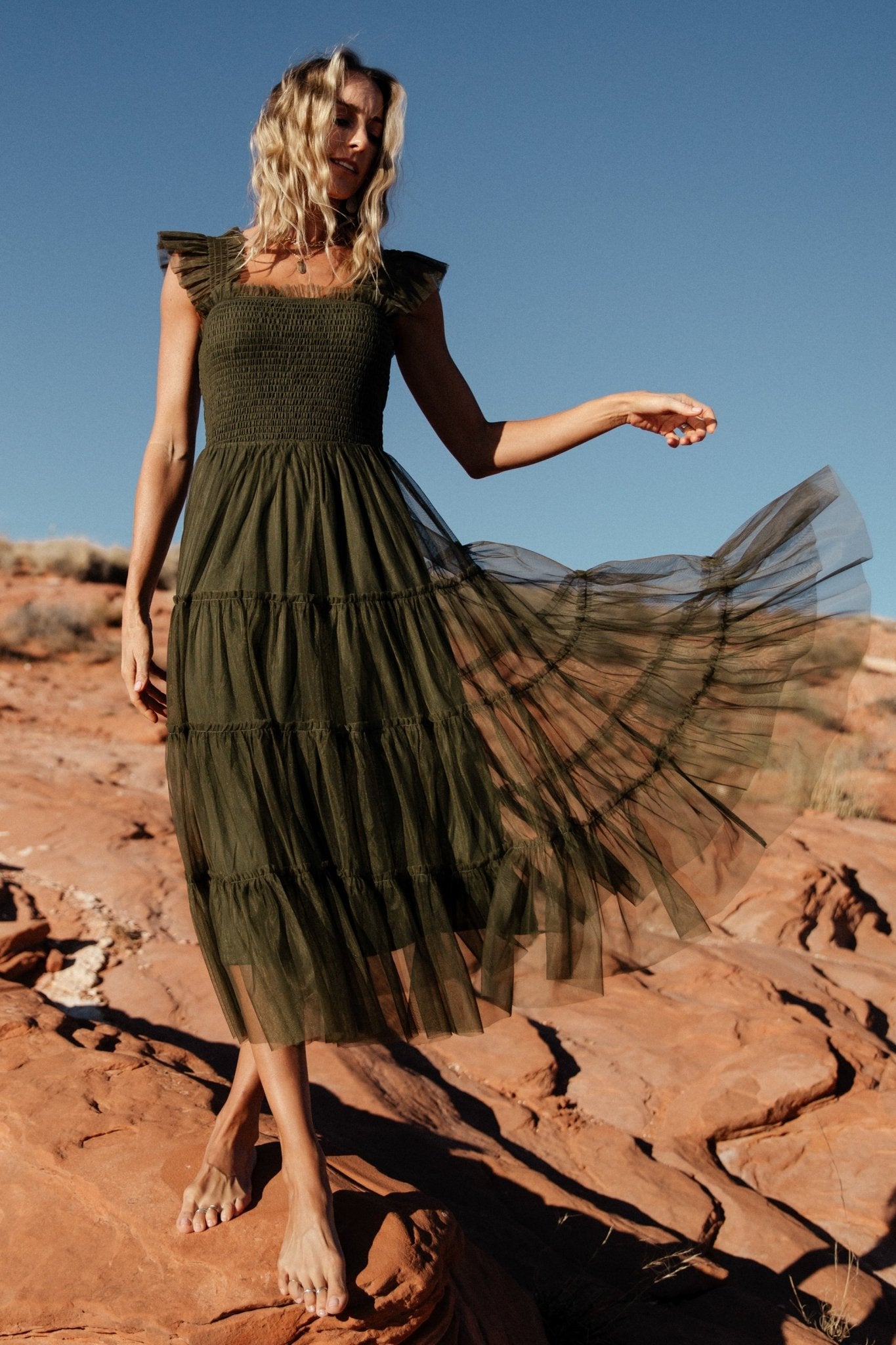 Emma Smocked Tulle Dress | Dark Olive - Baltic Born