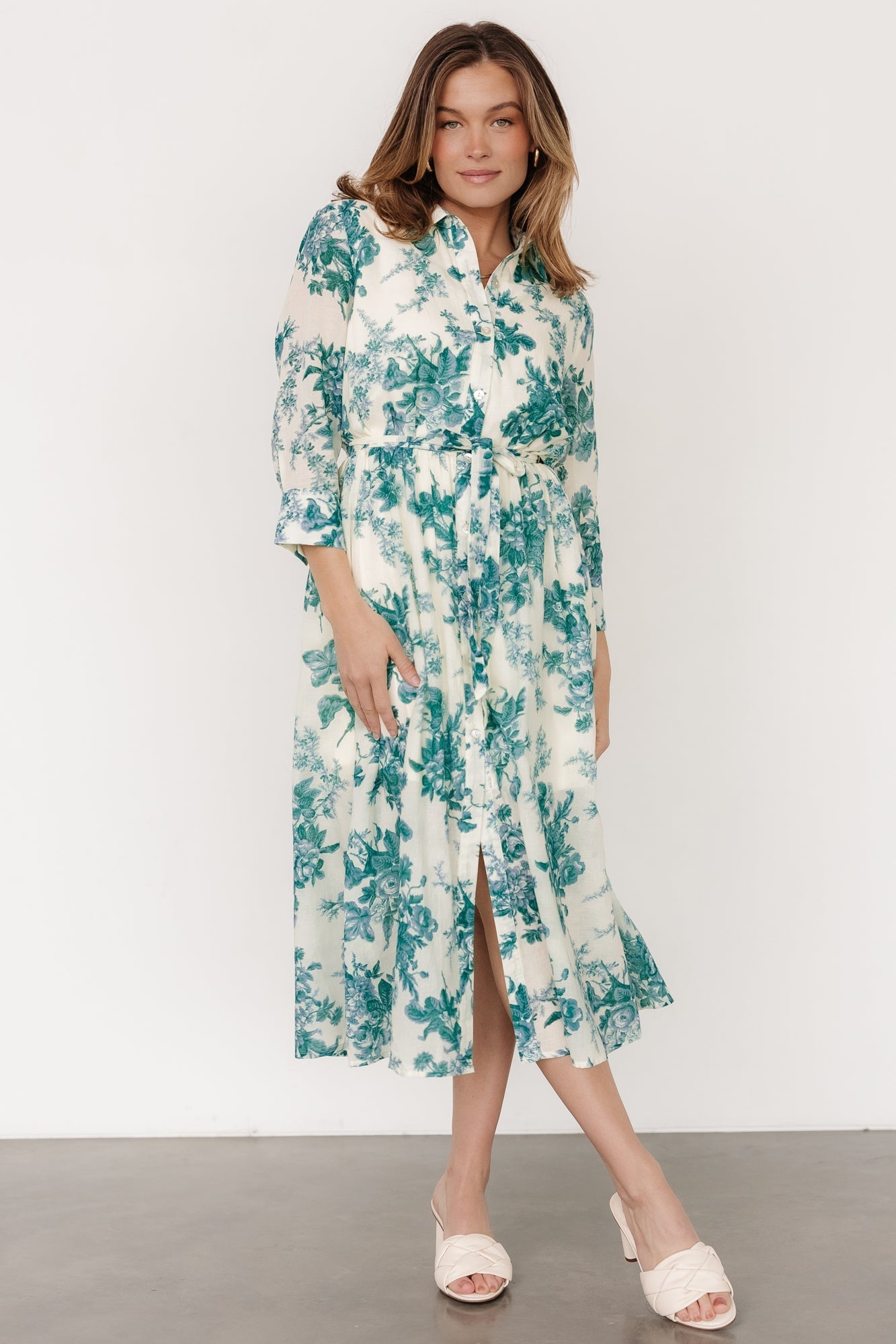 Eunice Button Midi Dress | Cream + Green Floral - Baltic Born