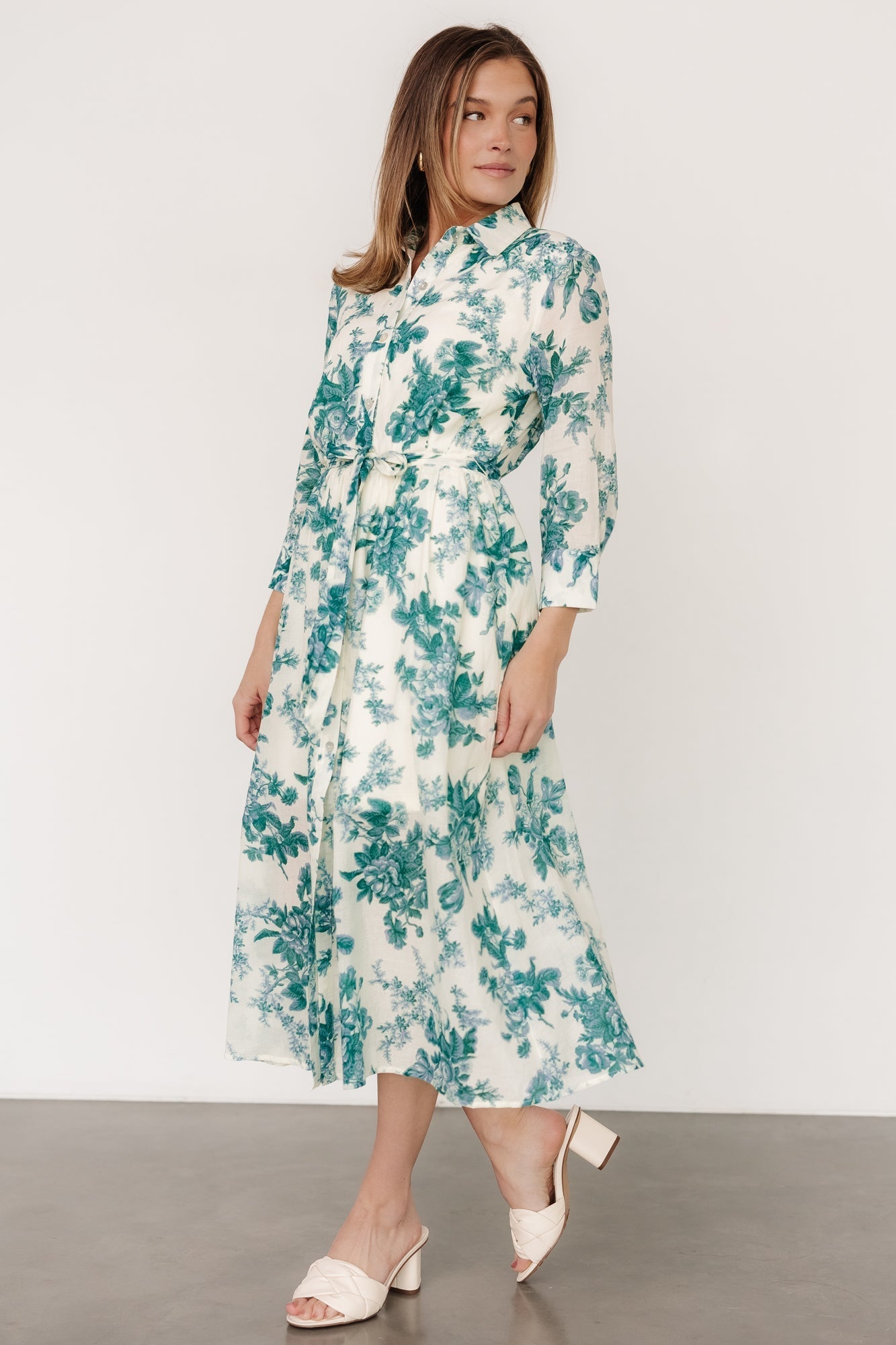 Eunice Button Midi Dress | Cream + Green Floral - Baltic Born