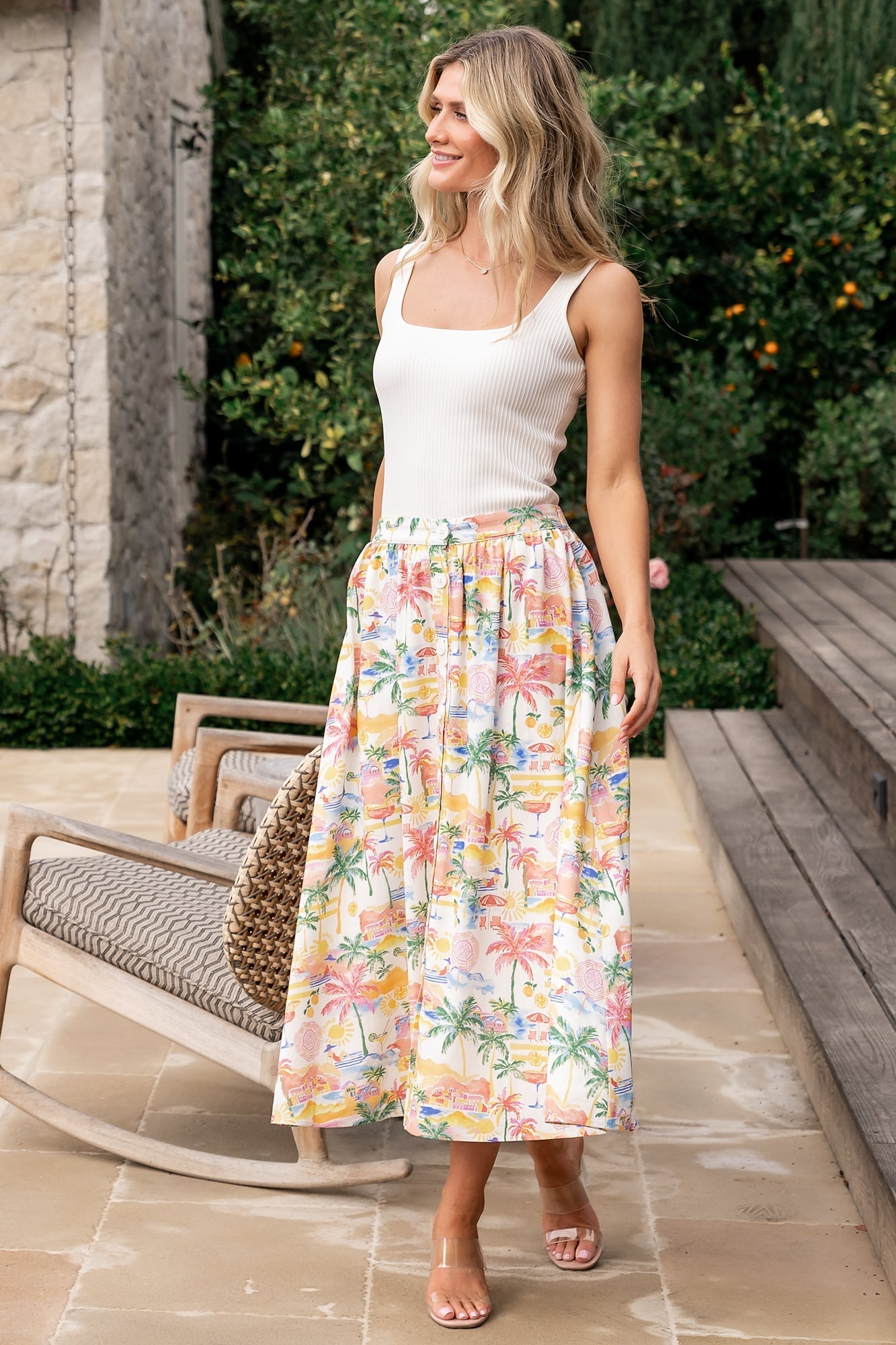 Gigi Button Midi Skirt | Off White + Multi Print - Baltic Born