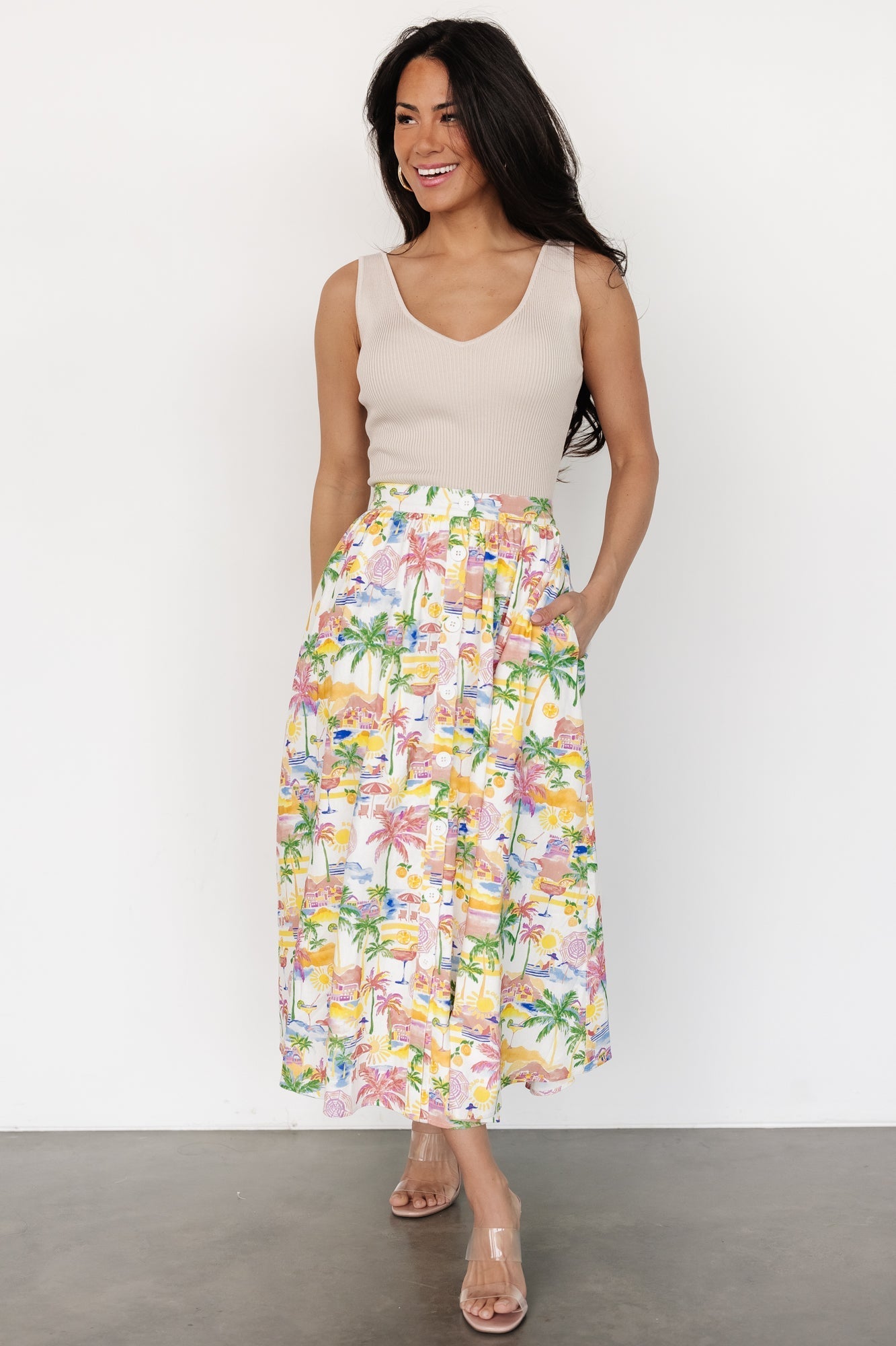 Gigi Button Midi Skirt | Off White + Multi Print - Baltic Born