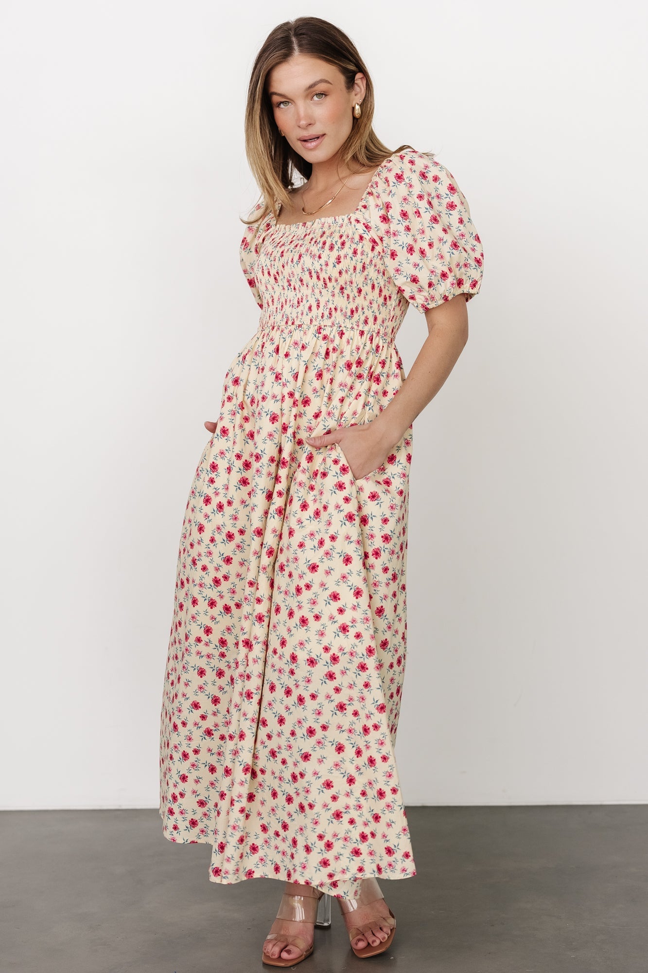 Haddie Smocked Midi Dress | Cream + Rose Floral - Baltic Born