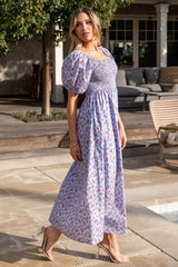 Haddie Smocked Midi Dress | Light Blue + Rose Floral - Baltic Born